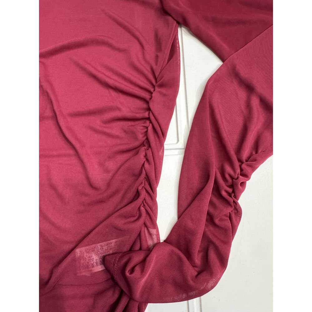 Zara NWT Sheer Womens Medium Red Burgundy Ruched Blouse Top Tunic Mini Dress - Picture 3 of 6